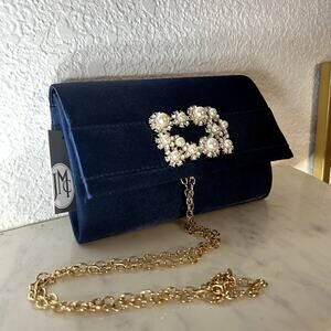 Jessica McClintock Navy Satin Evening Bag Womens NWT Rhinestone Pearl Chain